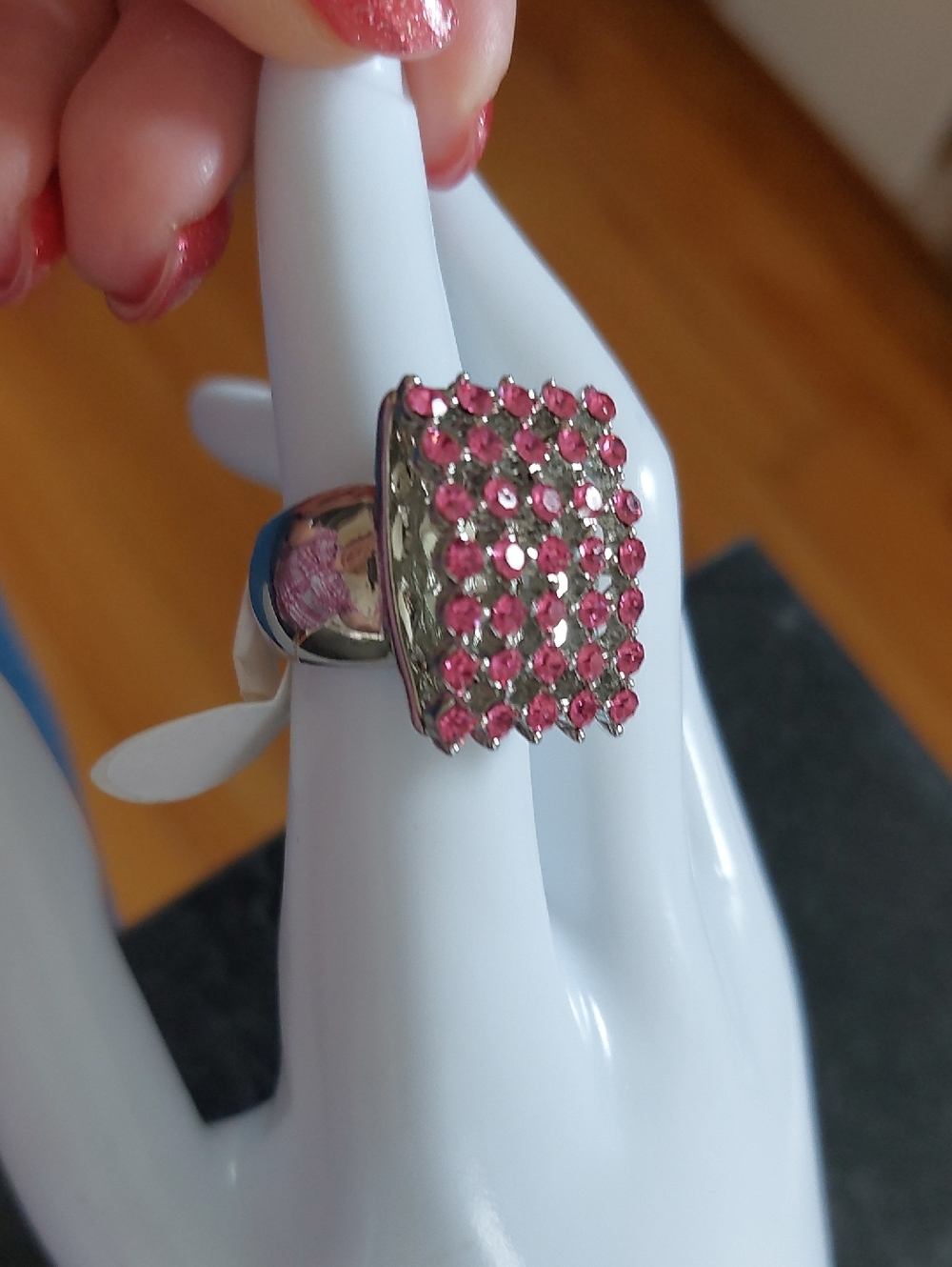 New Pink Crystal Unique Silvertone Statement Ring Sz 6